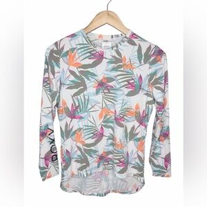 Roxy White Tropical Long Sleeve Rash Guard with Pink & Orange Floral Print
